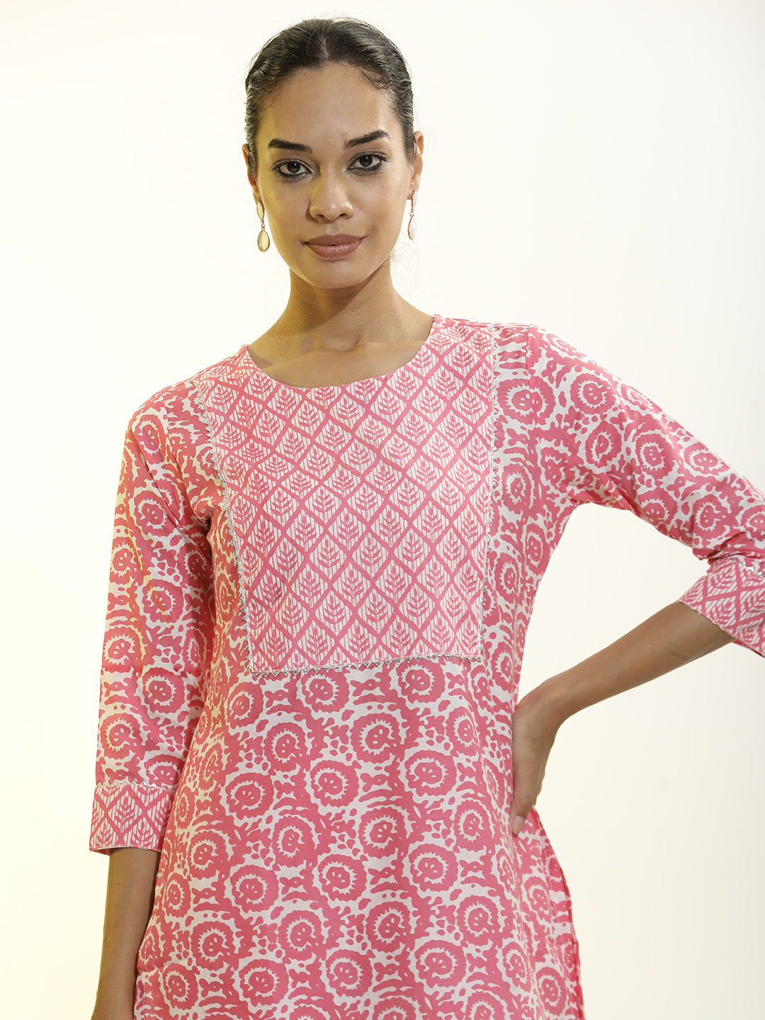 Pink Ethnic Motif Printed Cotton Straight Kurta Set