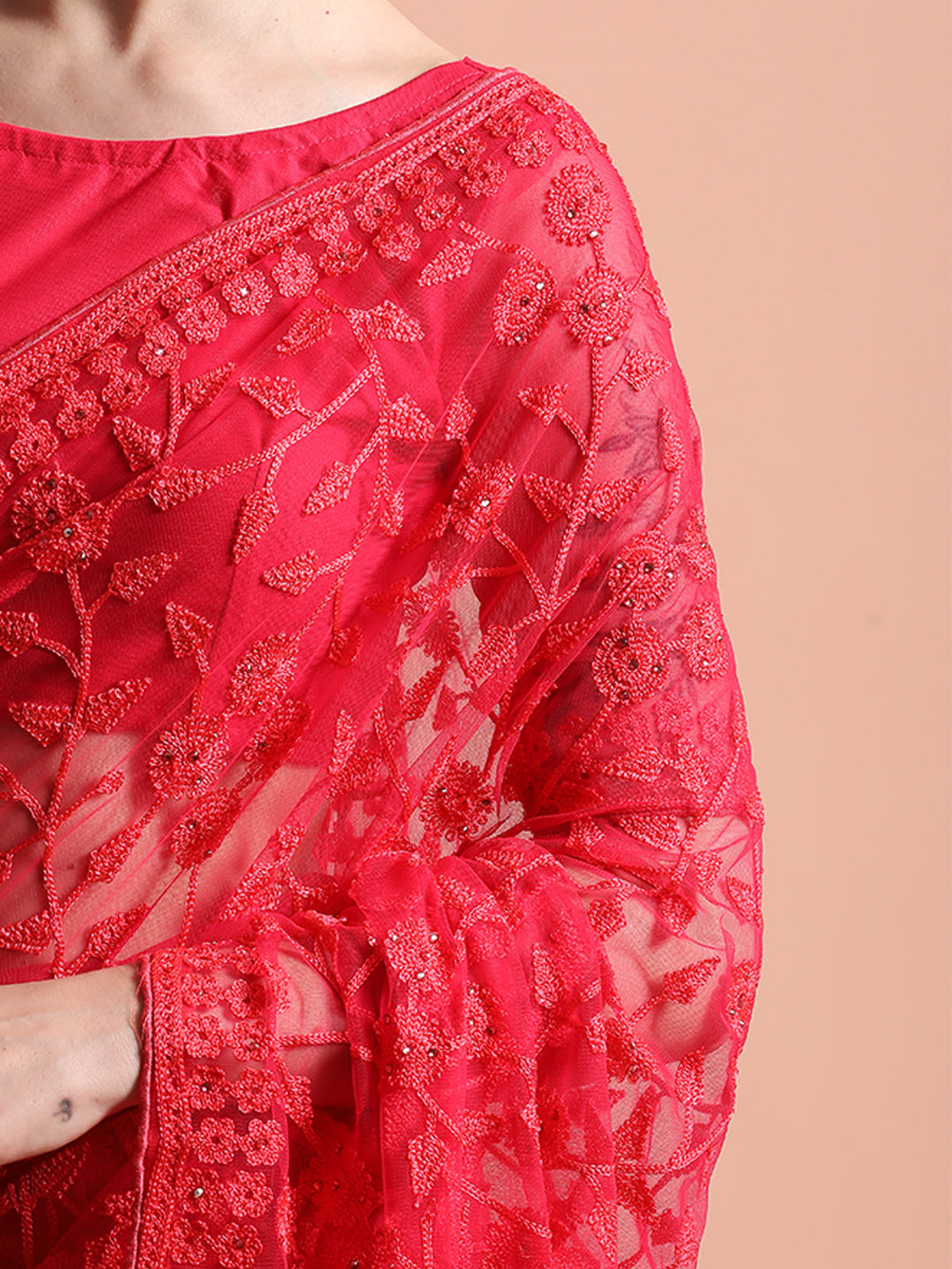 Pink Party Wear Floral Embroidered Net Saree