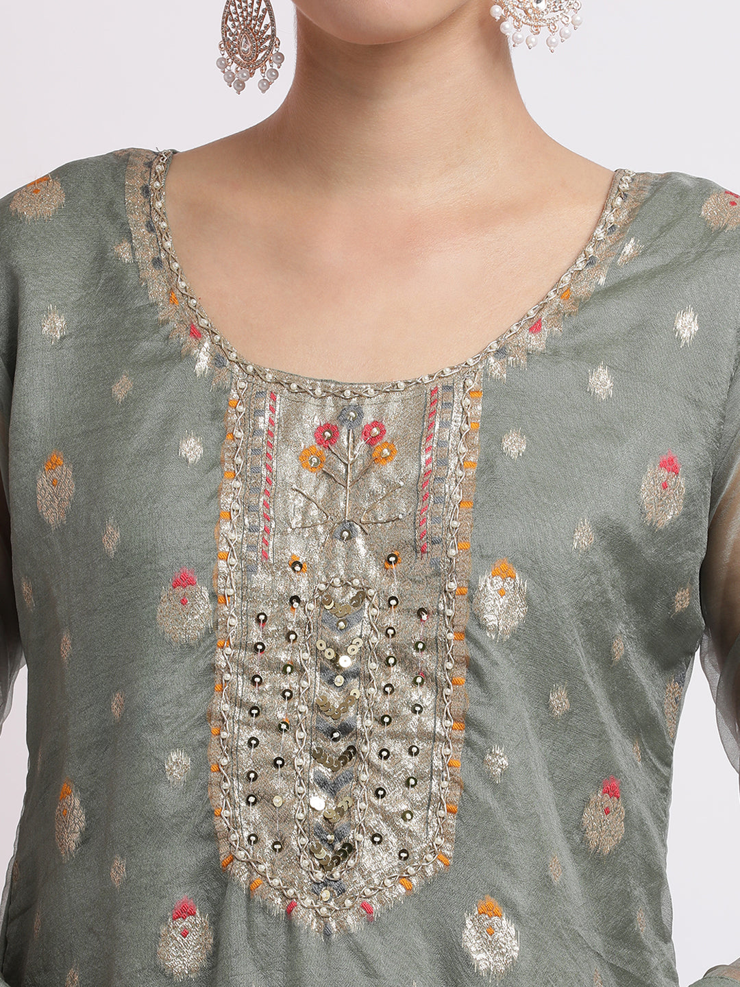 Embroidered Jacquard Kurta Set With Dupatta