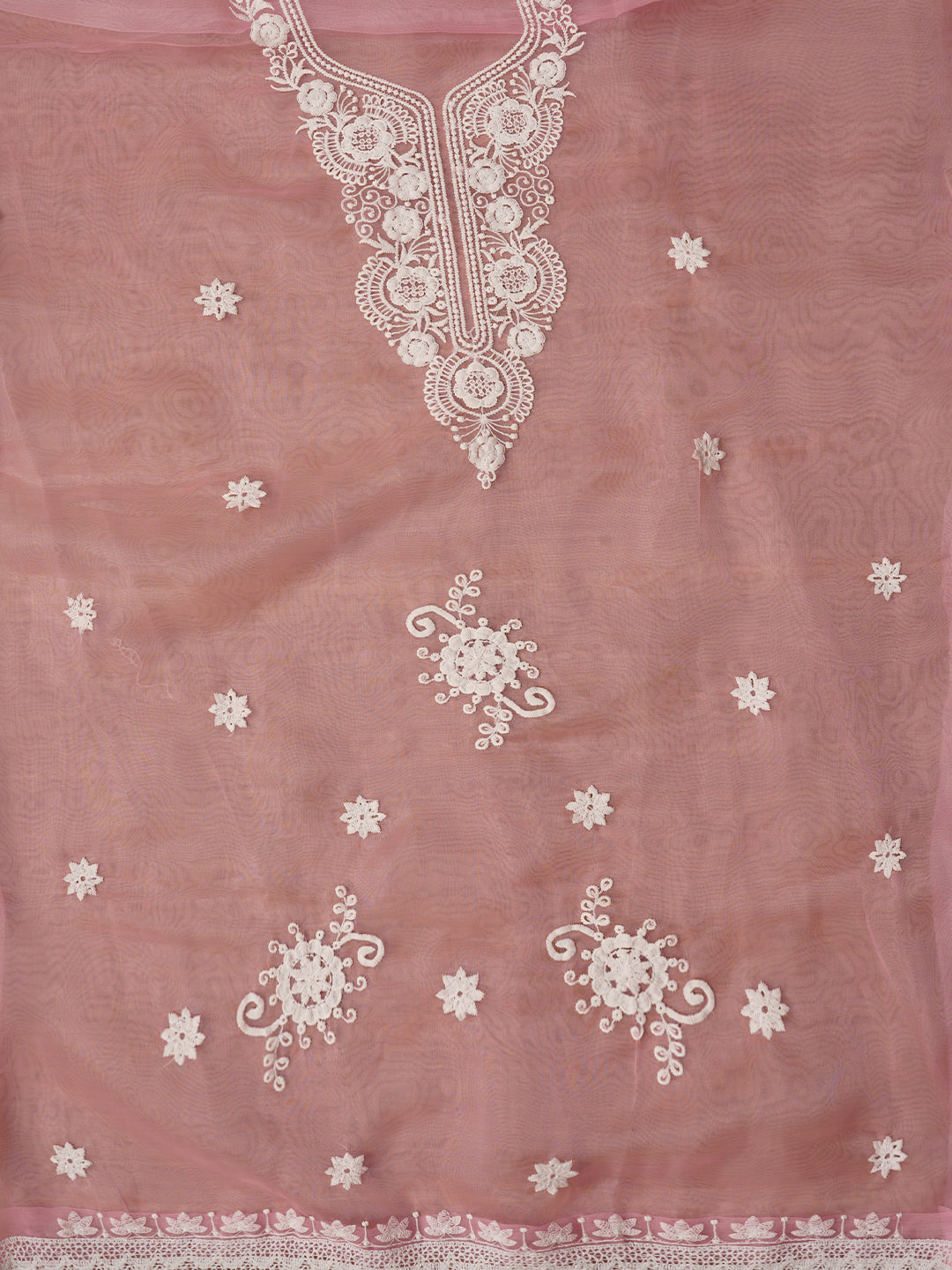 Baby Pink Thread Embroidered Organza Dress Material with Dupatta