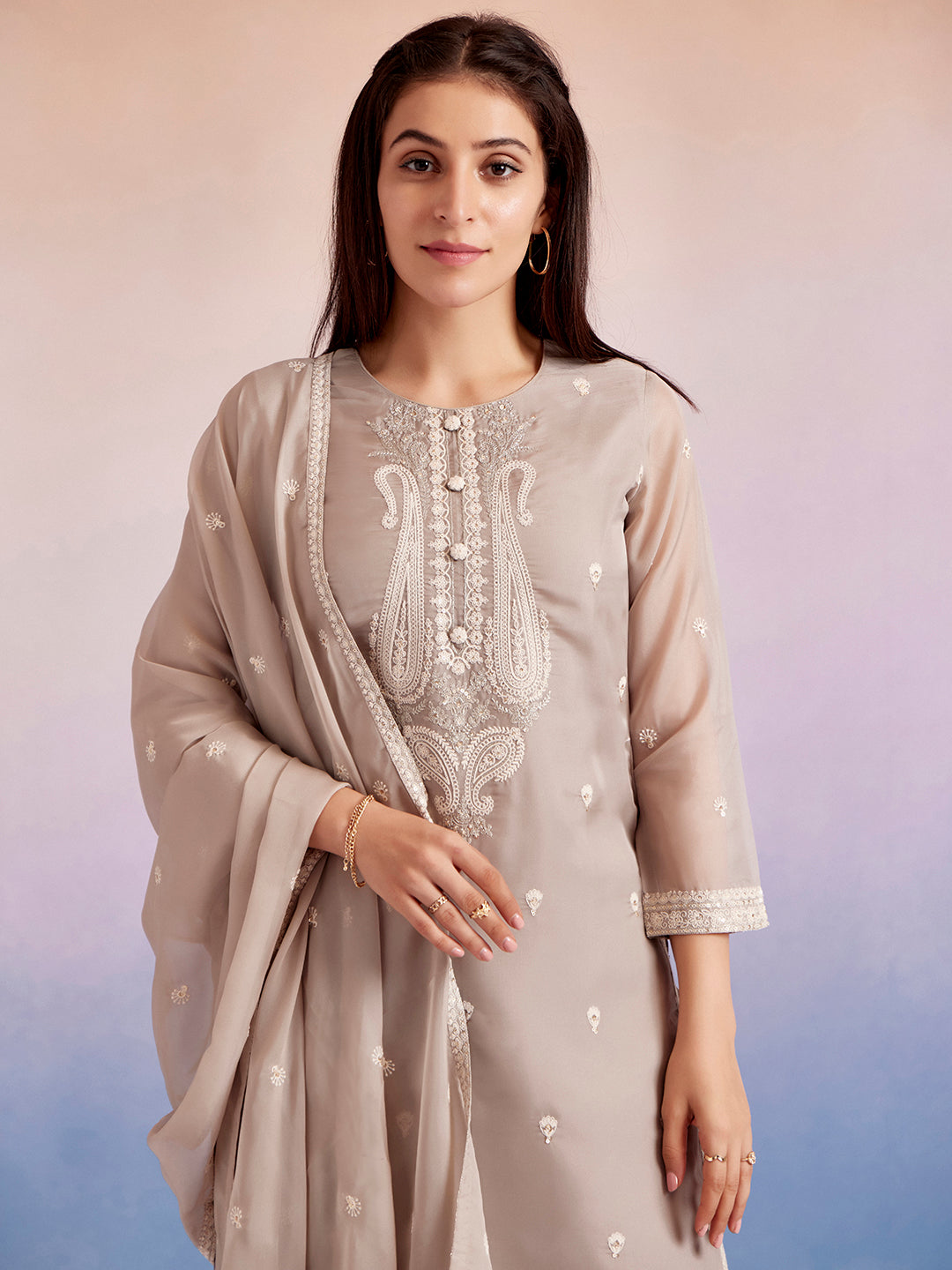 Grey Dori Embroidered Festive Kurta Set With Dupatta