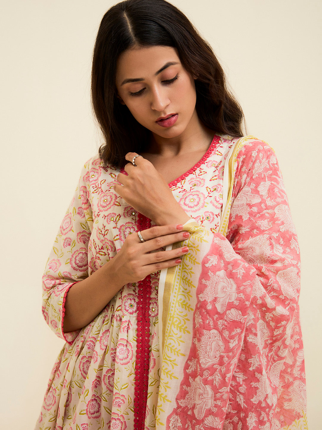 Coral Cotton Handblock Printed Kurta With Palazzo And Dupatta