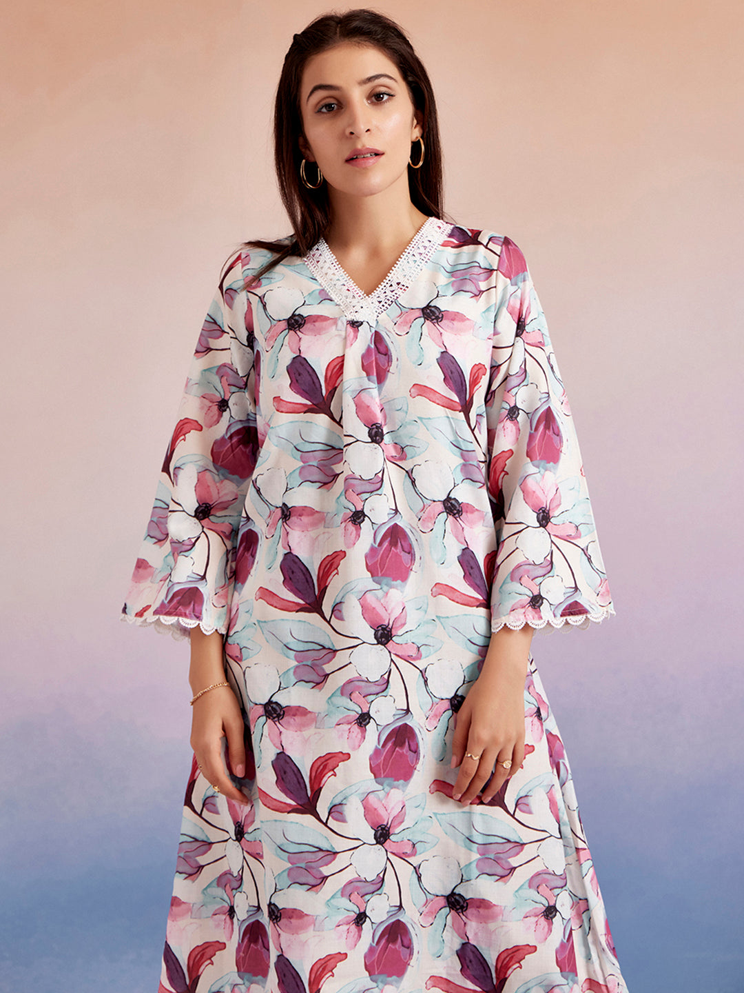 Off White & Magenta Floral Printed A-Line Kurta