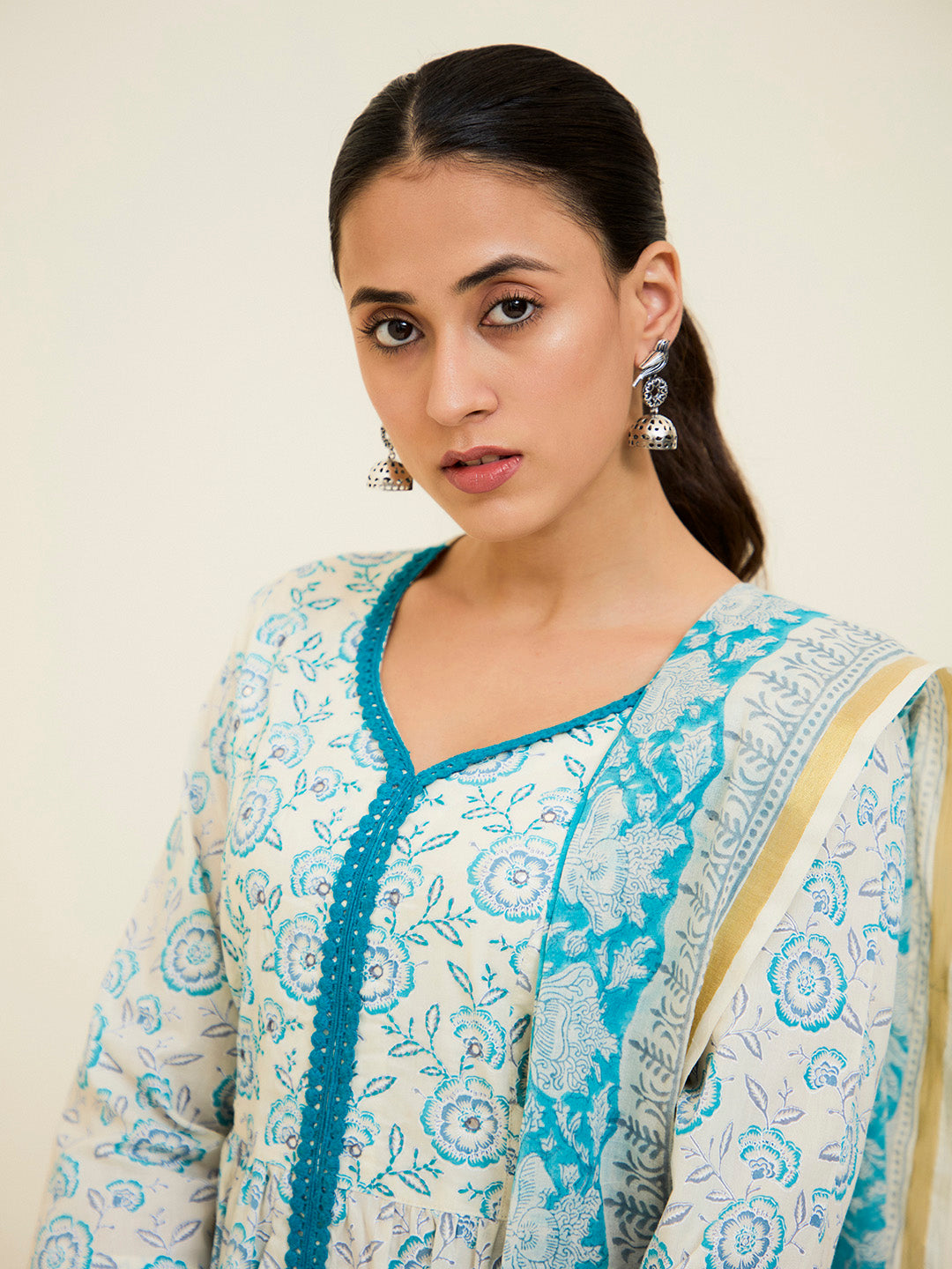 Turquoise Cotton Handblock Printed Kurta With Palazzo And Dupatta