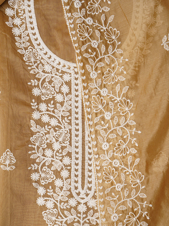 Beige Unstitched Embroidered Cotton Blend Dress Material With Dupatta