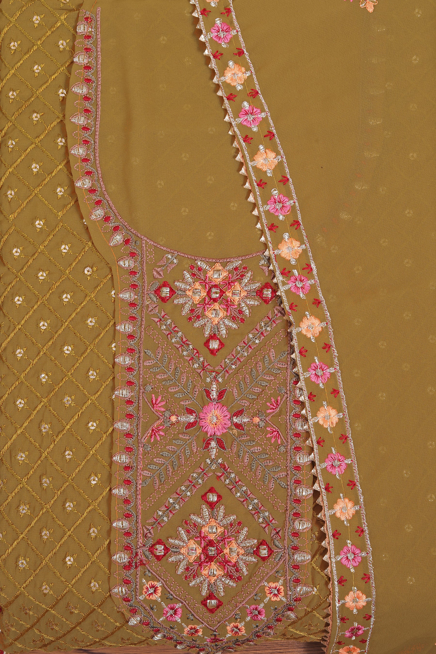 Mustard Sequin Embroidered Poly Georgette Dress Material with Dupatta