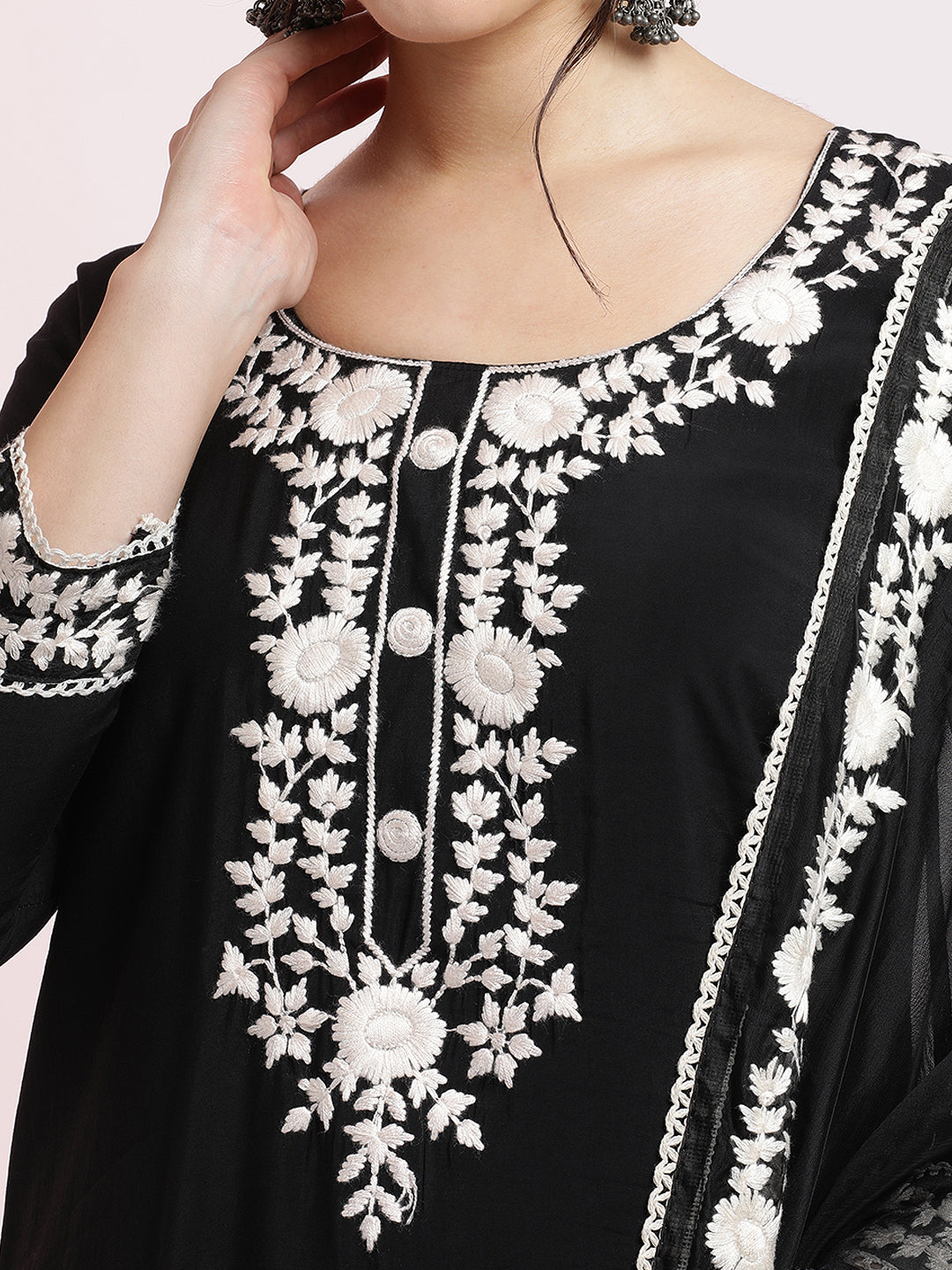 Black Floral Embroidered Festive Kurta Set With Dupatta