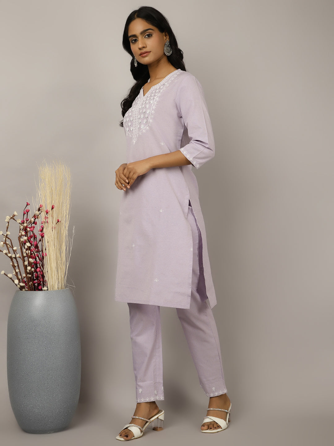 Lavender Sequin Embroidered Cotton Suit Set