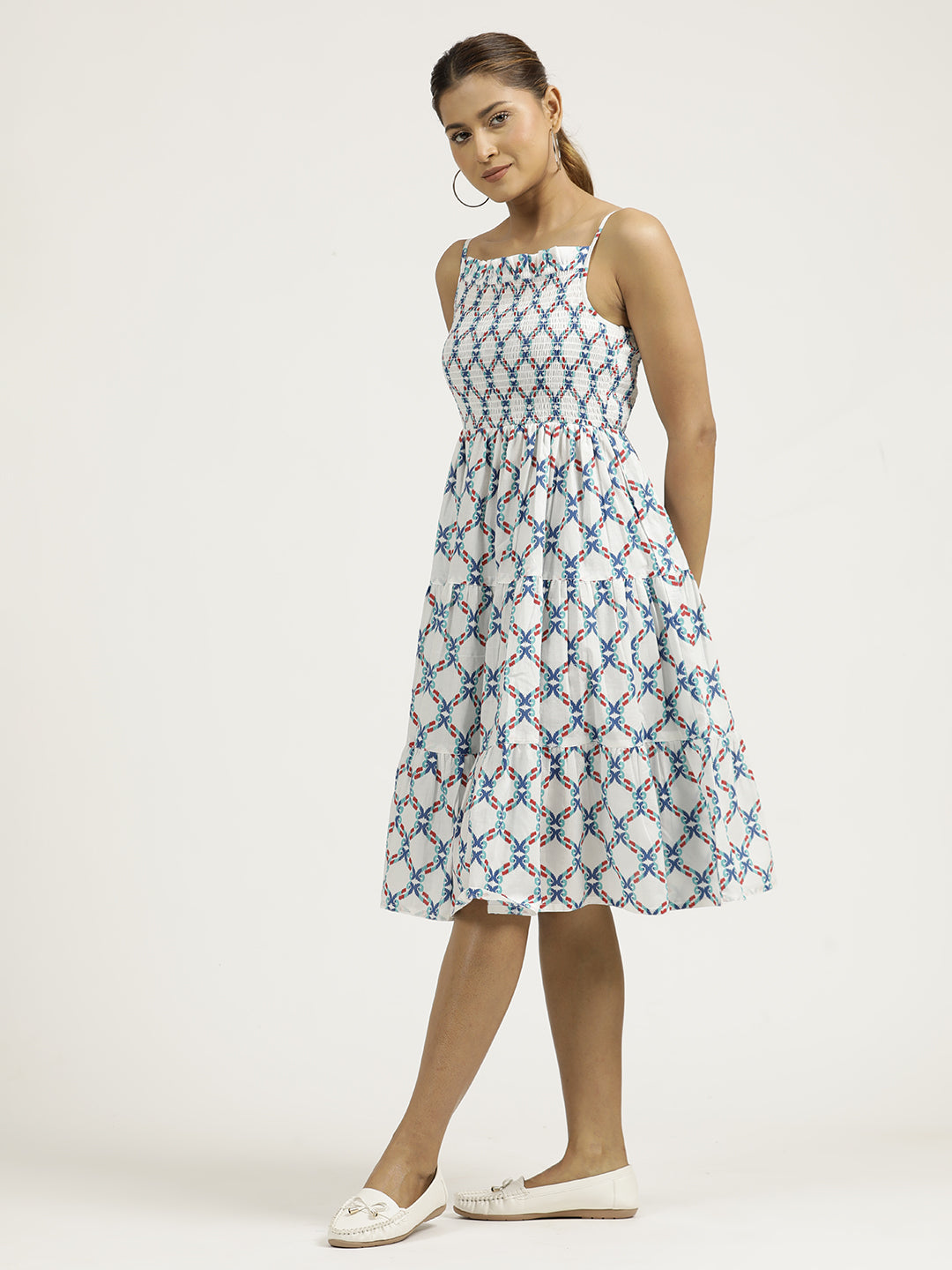 Blue Ikat Printed Tiered Cotton Strappy Dress