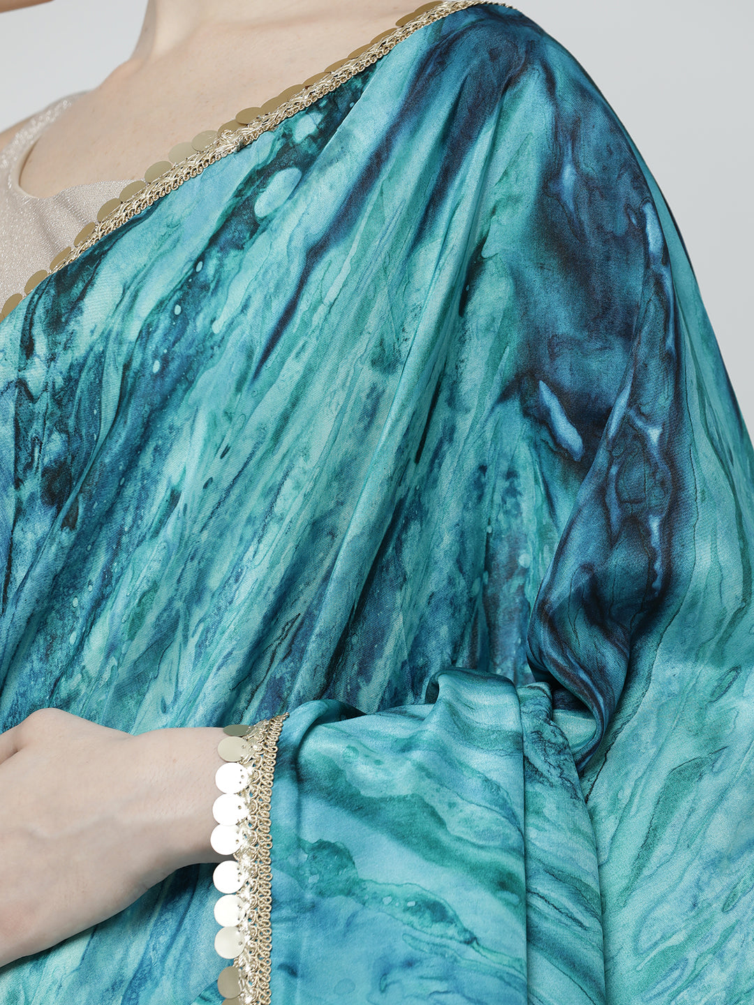 Aqua Blue Embellished Satin Tie-Dye Saree