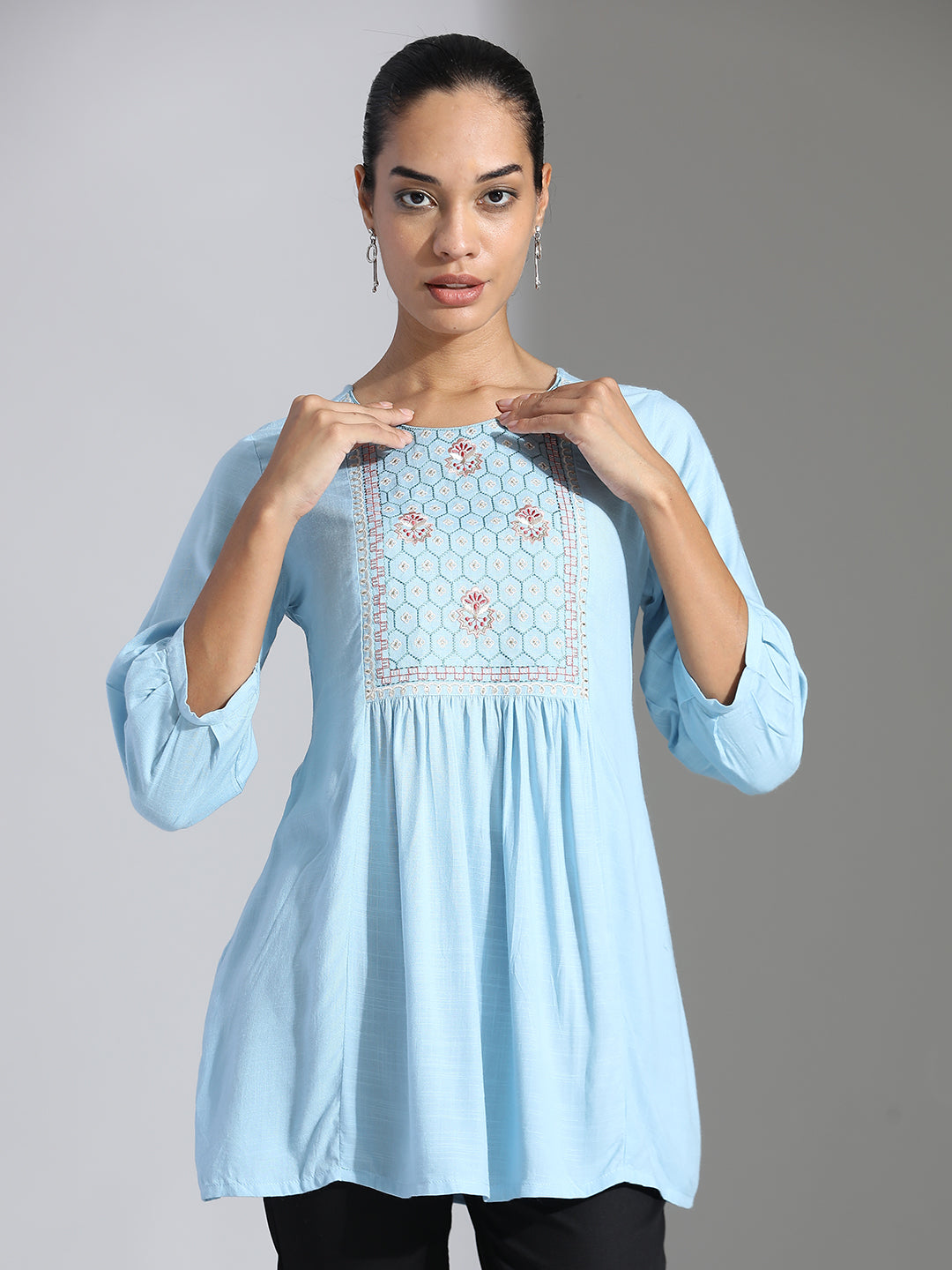 Light Blue Embroidered Party Wear A-line Top