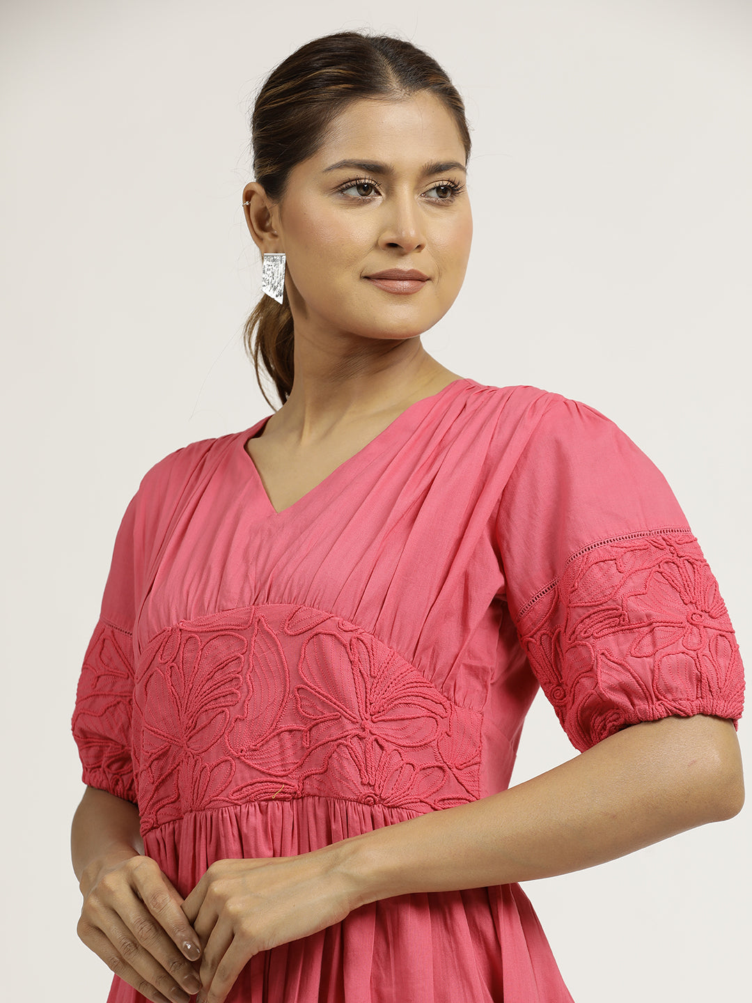 Pink Dori Embroidered Gathered Cotton Dress