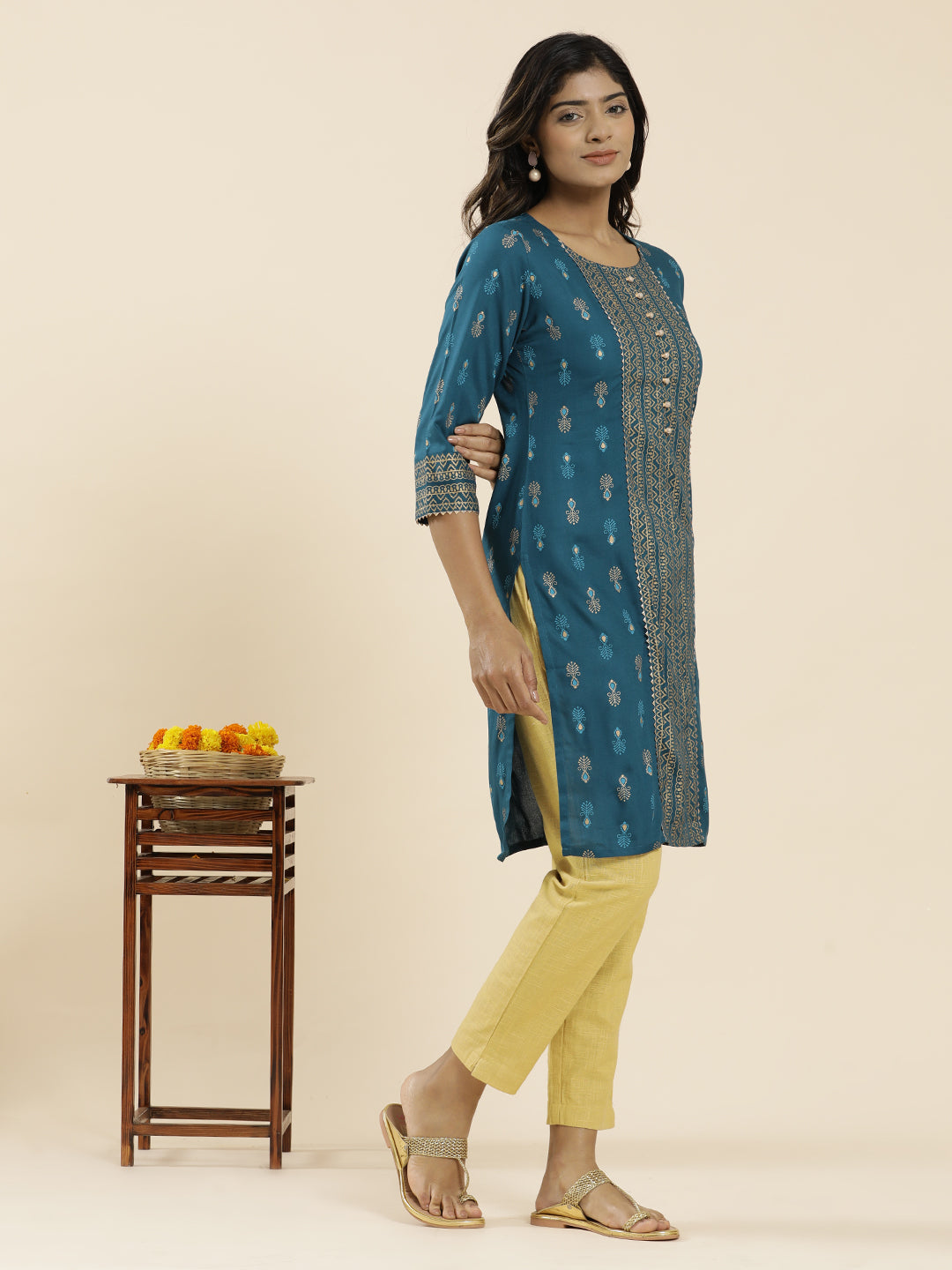 Teal Ethnic Printed Straight Kurta