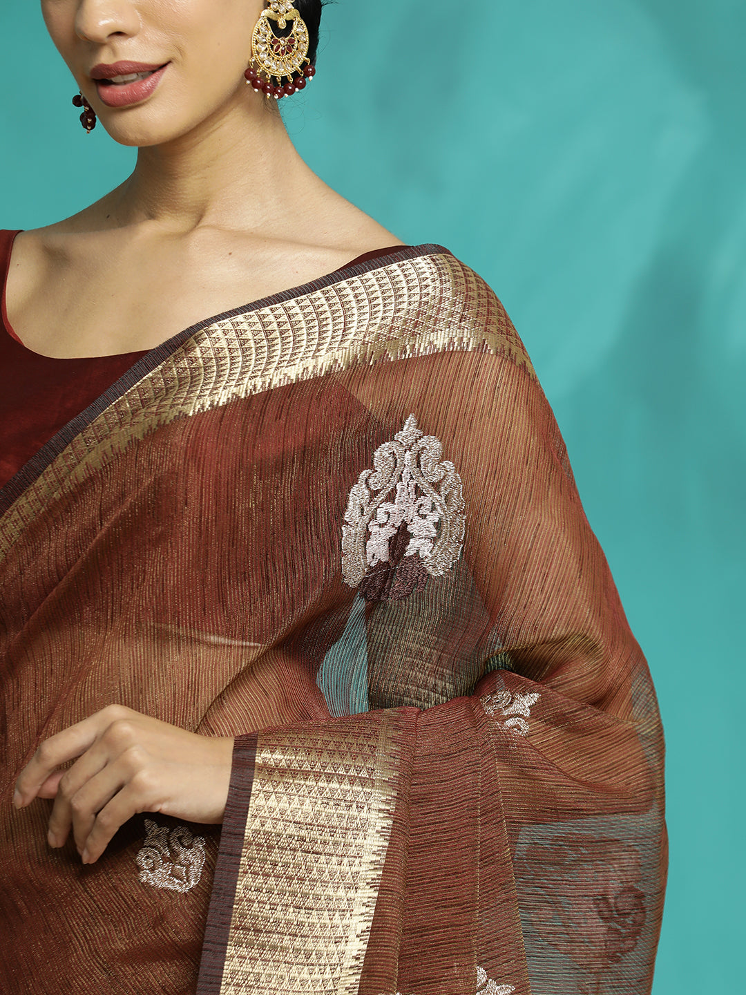 Party Wear Banarasi Organza Brown Saree