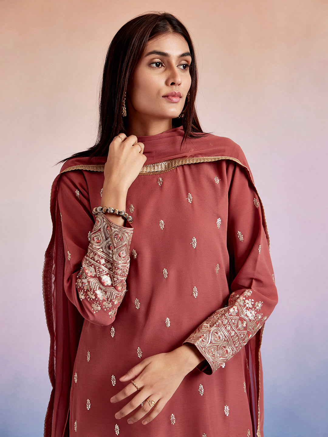 Embroidered Dusty Peach Straight Kurta With Sharara And Dupatta