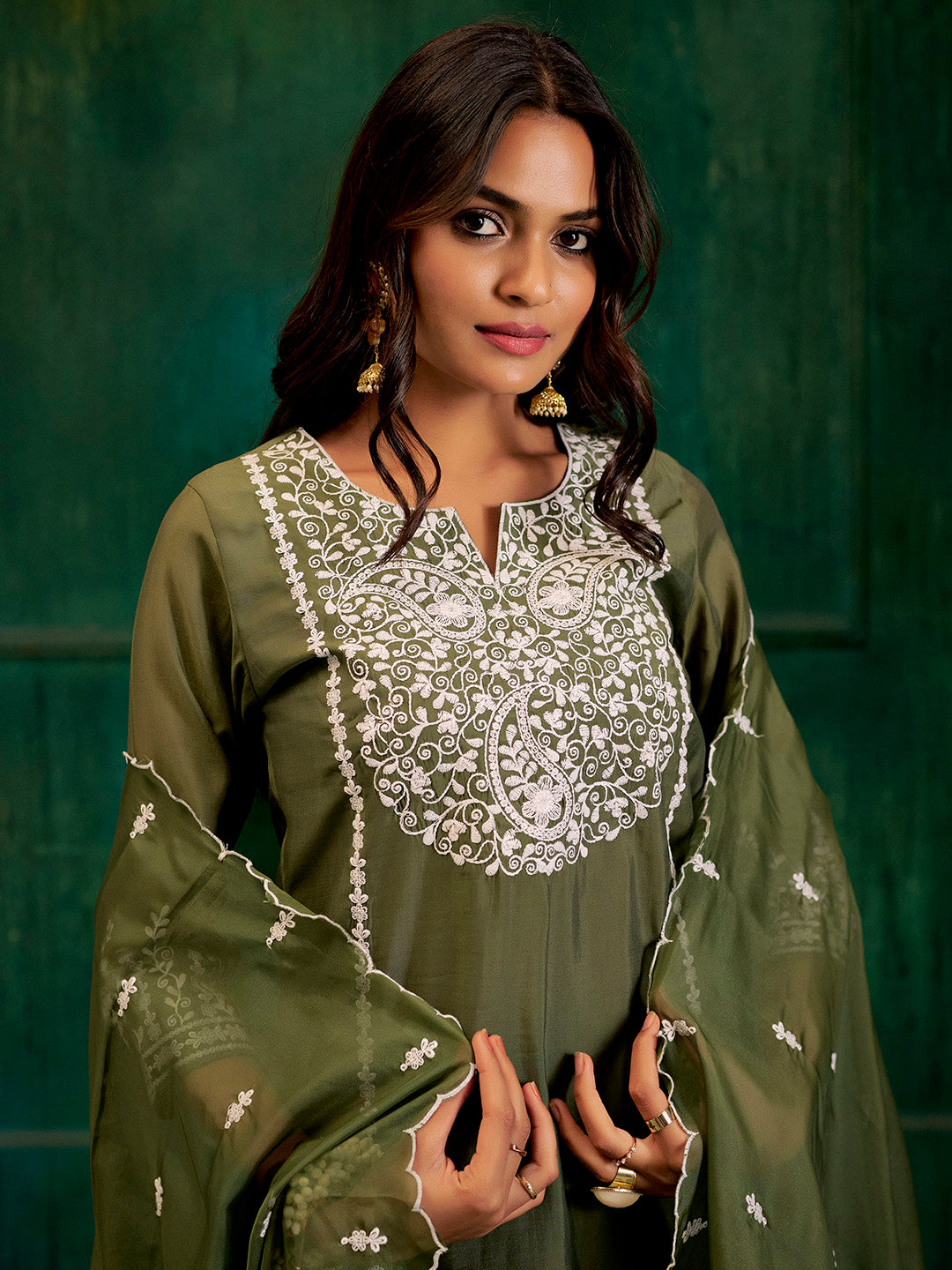 Dark Green Resham Embroidered Festive Kurta Set With Dupatta