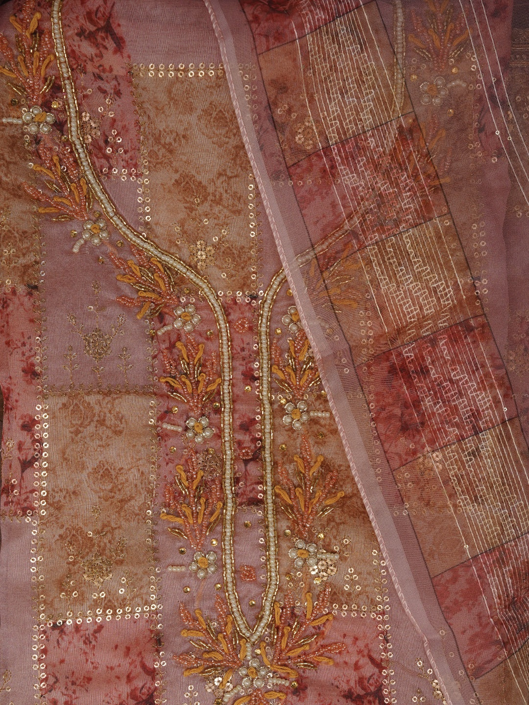 Peach Sequin Embellished Organza Dress Material With Dupatta