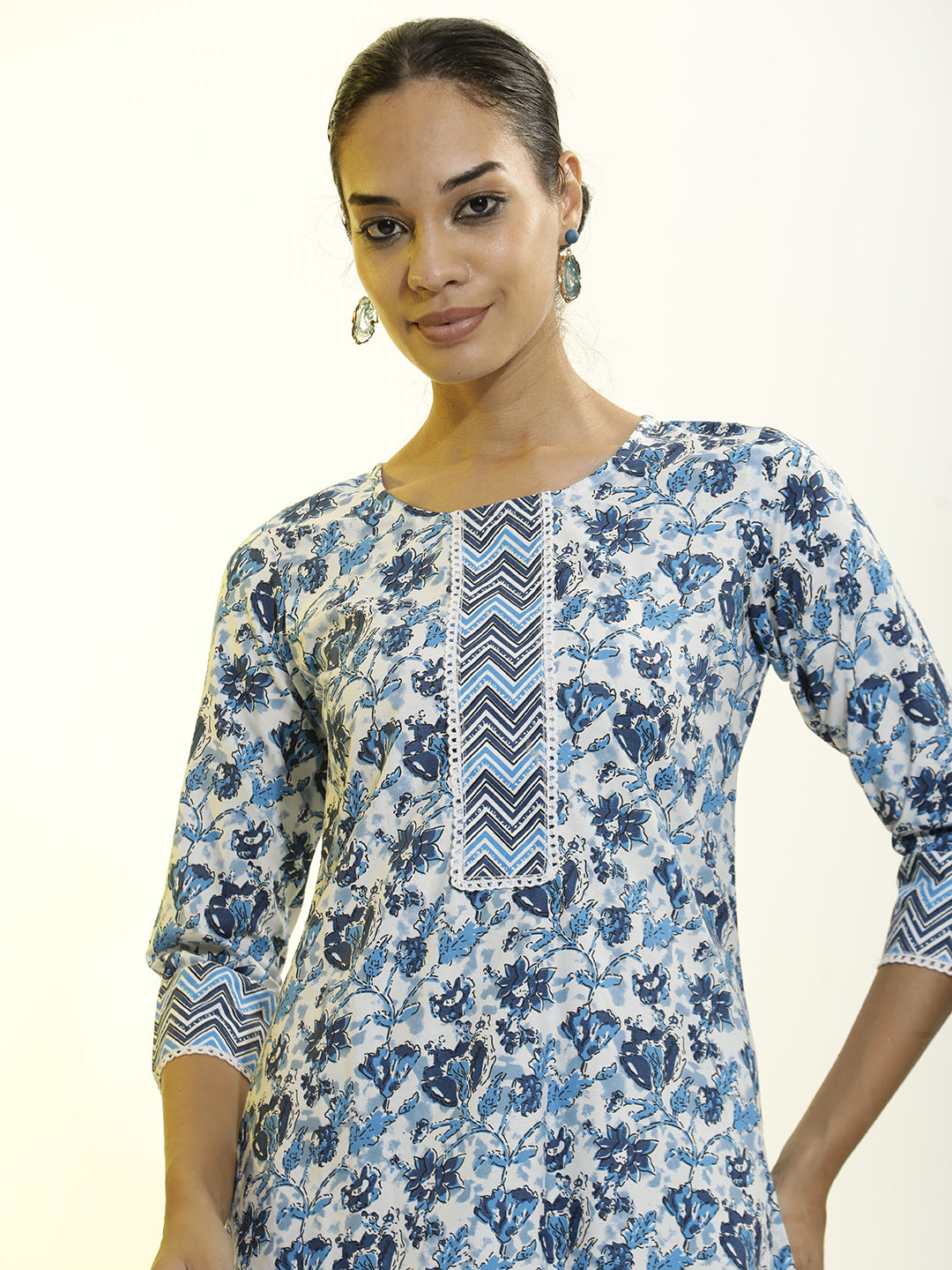 Floral Printed Cotton Blend Blue Kurta Set