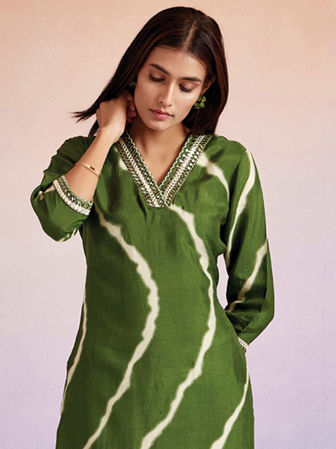 Olive Green Embroidered Leheriya Kurta Set