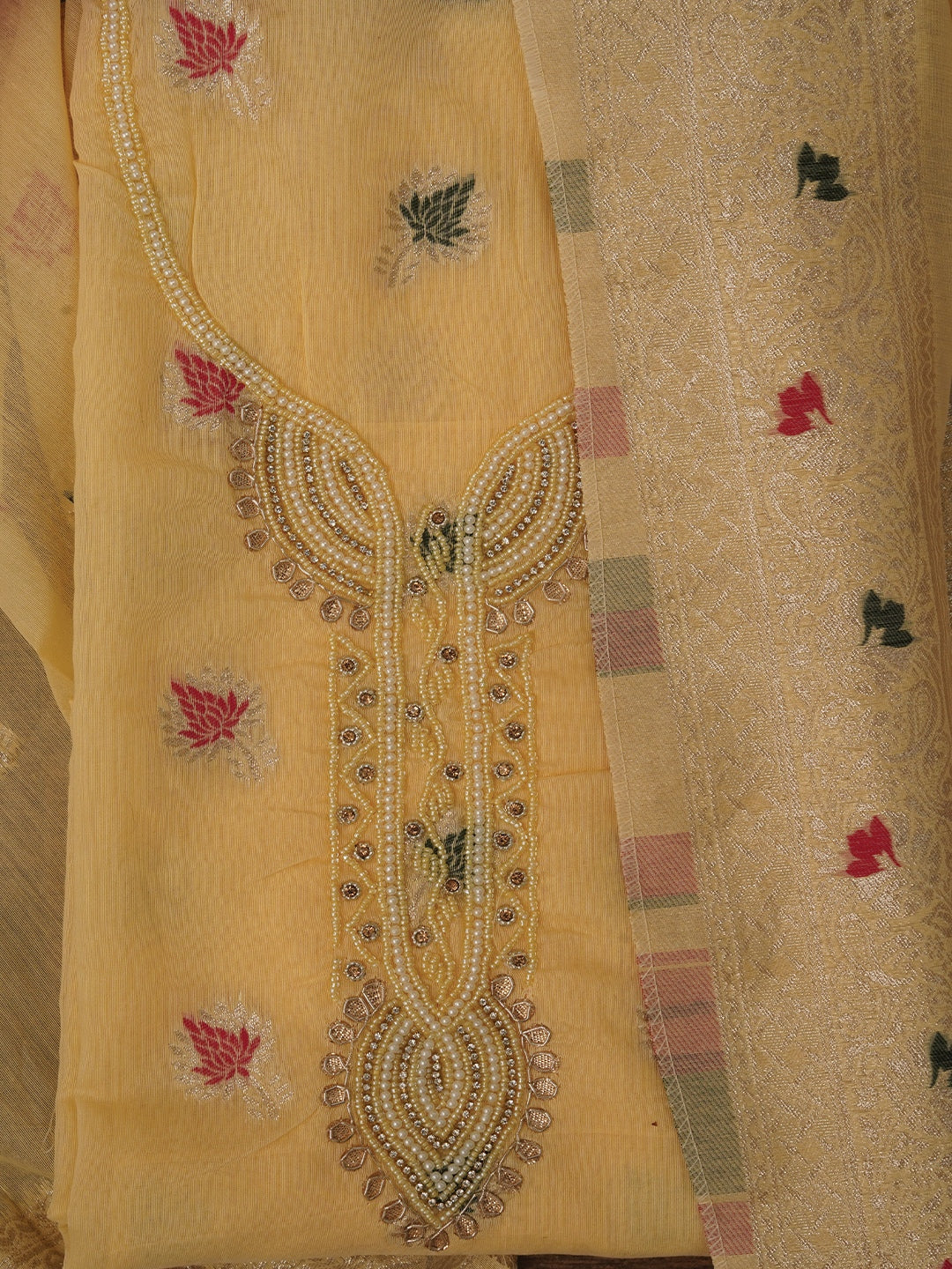 Light Yellow Zari Woven Cotton Blend Dress Material with Dupatta