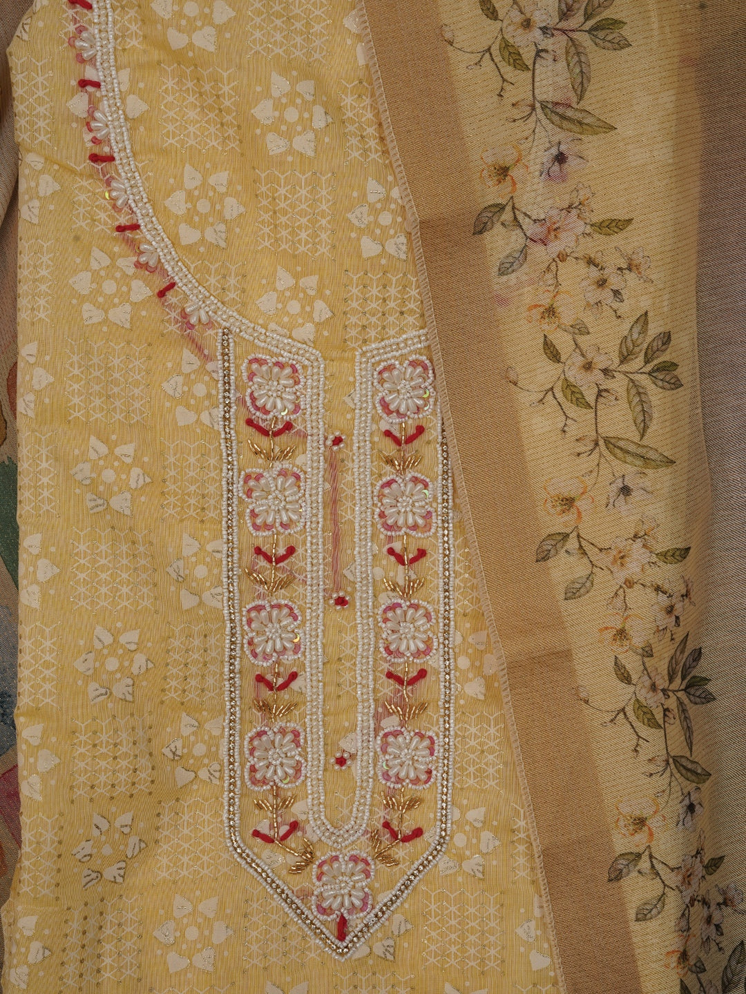 Yellow Printed Embellished Cotton Dress Material with Dupatta