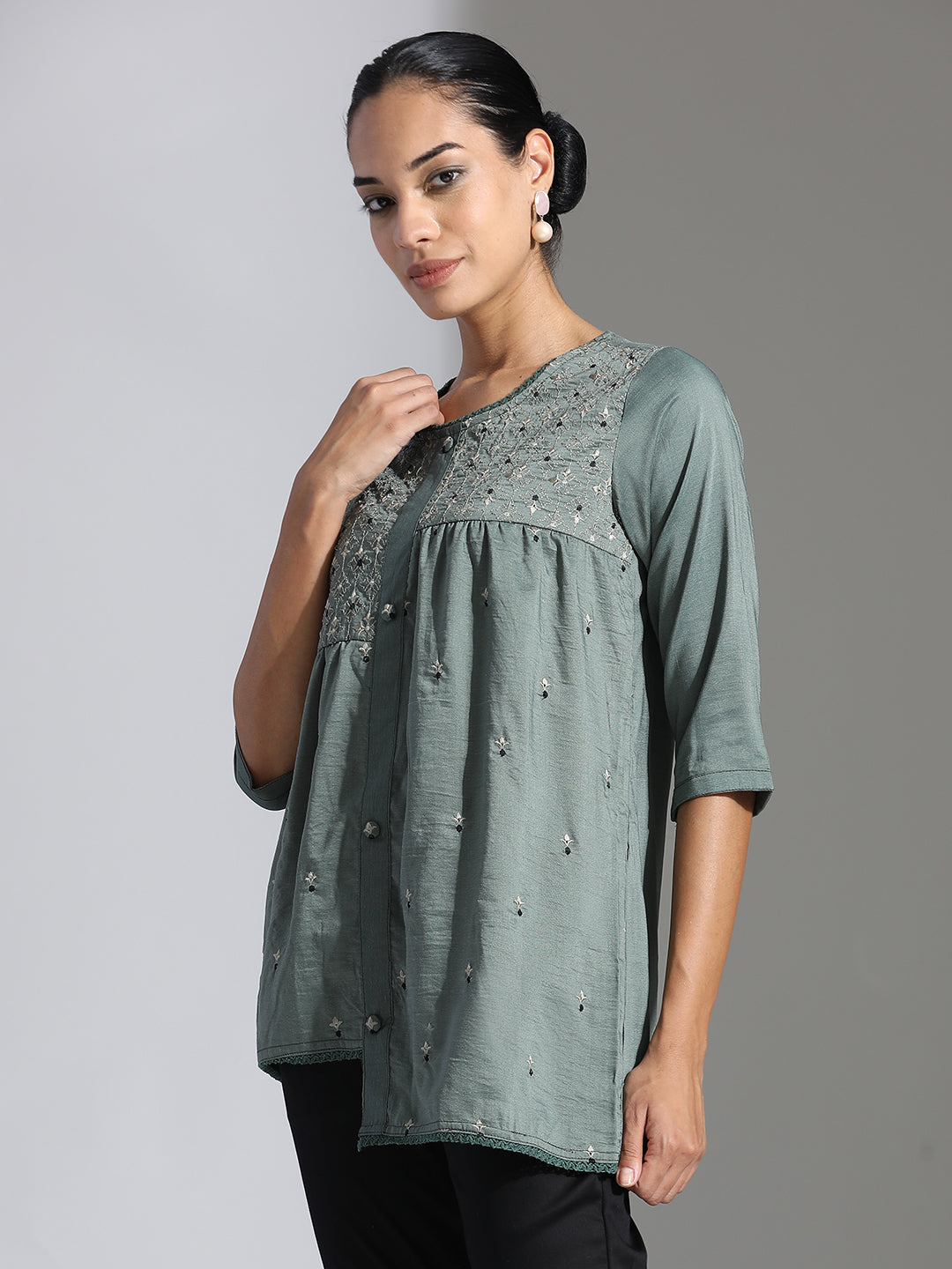 Olive Green Embroidered Party Wear Asymmetrical Top