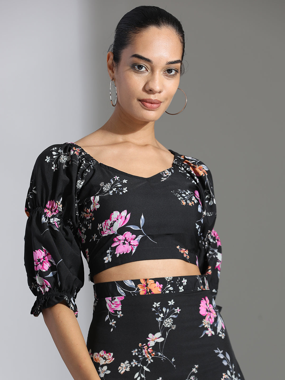 Floral Printed Crop Top With Skirt Black Co-ord Set