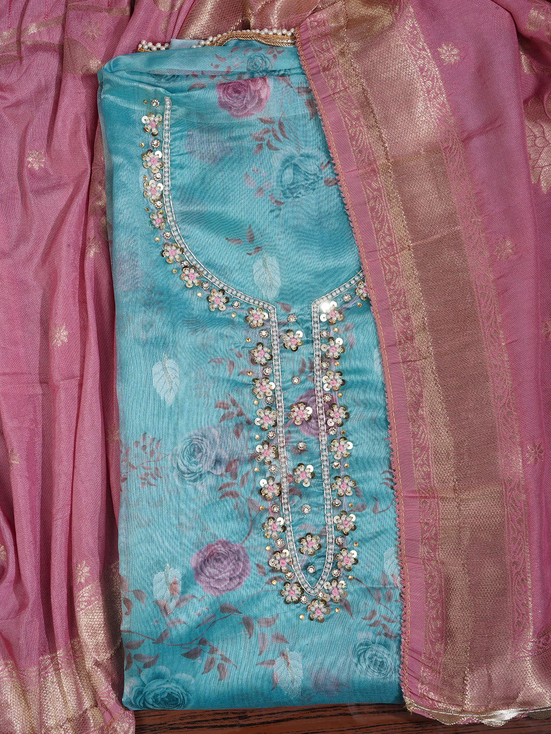 Sea Green Zari Embellished Organza Dress Material with Dupatta