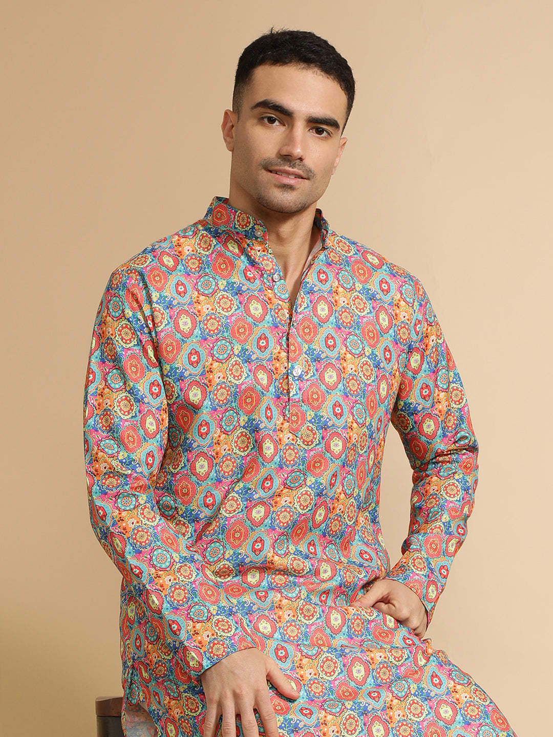 Abstract Printed Multi Color Cotton Kurta for Men