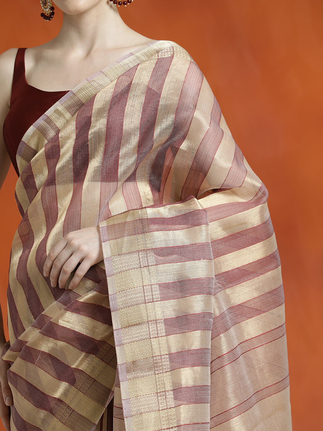 Striped Embellished Banarasi Organza Saree