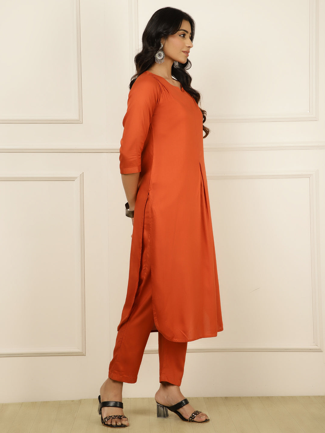 Rust Pleated Straight Kurta With Pants