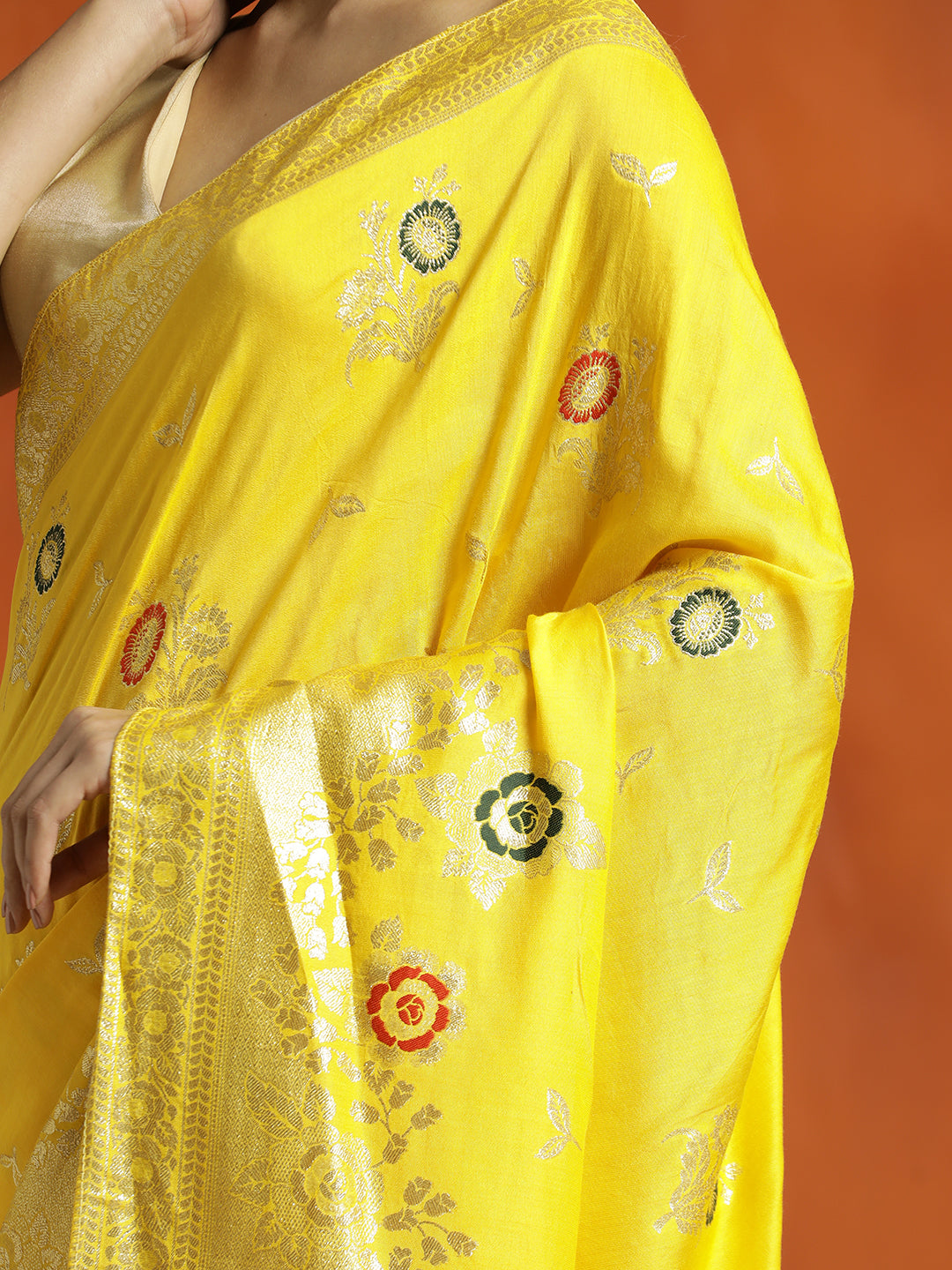 Yellow Silk Banarasi Floral Zari Woven Design Heavy Saree