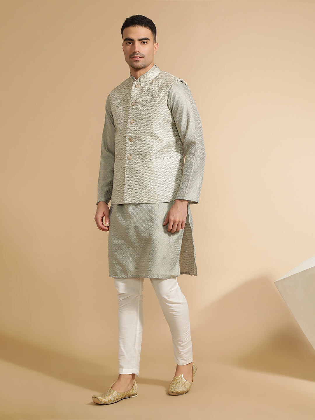 Light Grey Silk Blend Kurta With Woven Design Nehru Jacket Set