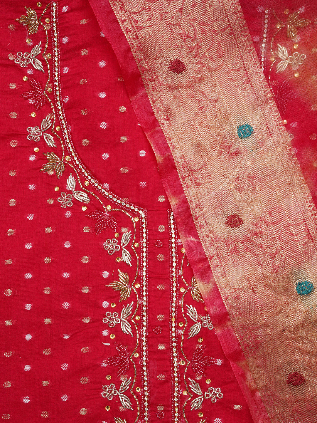 Unstitched Pink Silk Blend Embellished Dress Material With Dupatta