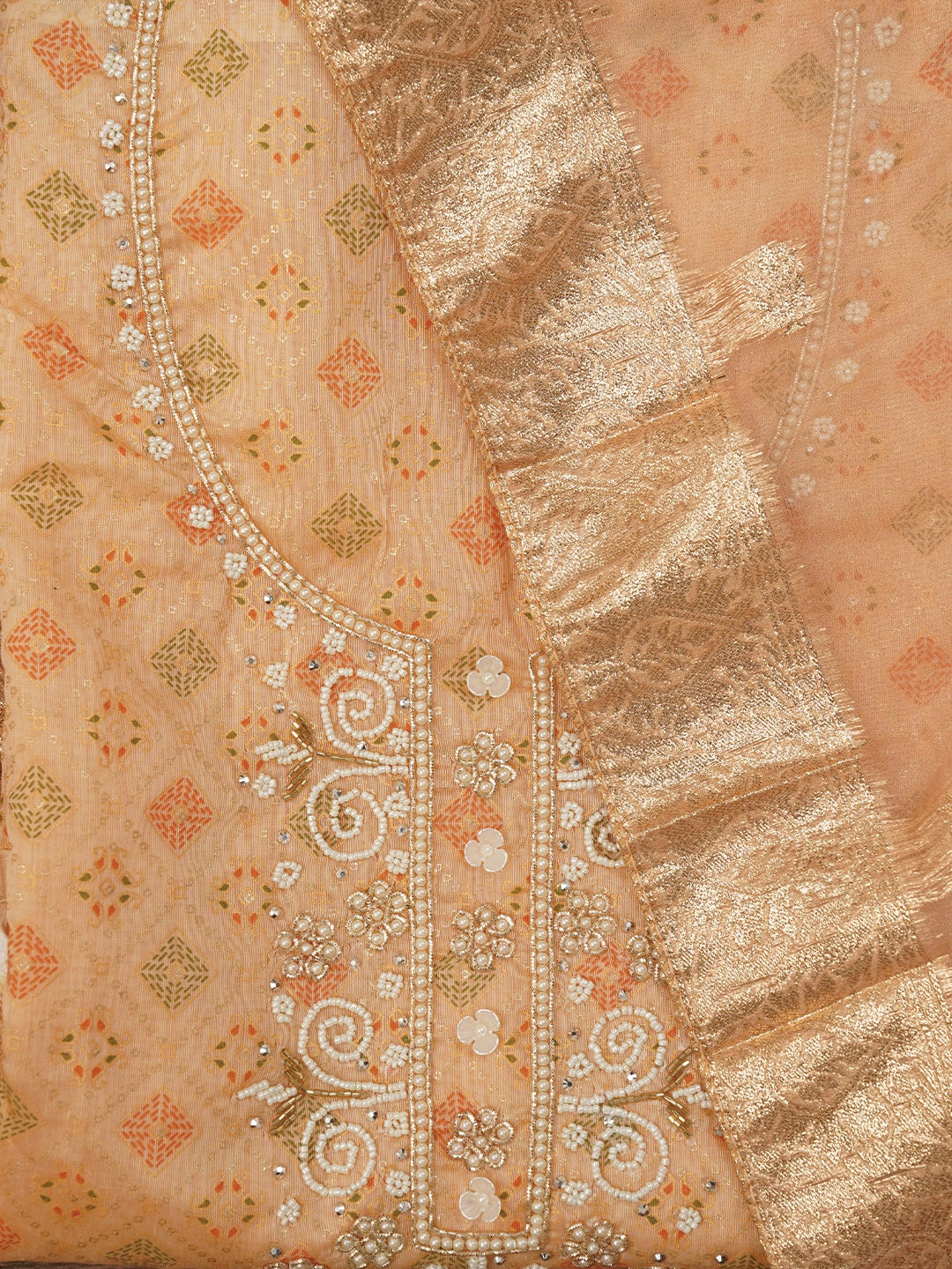 Beige Unstitched Embellished Cotton Blend Dress Material with Dupatta