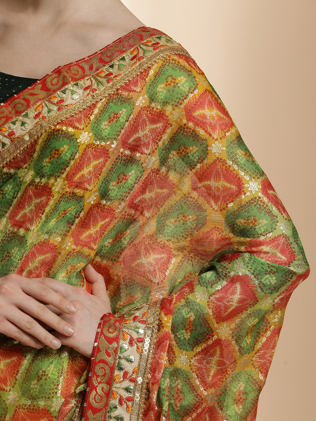 Multicolour Traditional Embroidered Bandhani Pure Georgette Saree