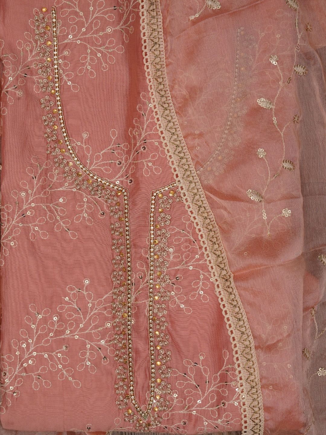 Peach Sequin Embroidered Pure Cotton Dress Material with Dupatta