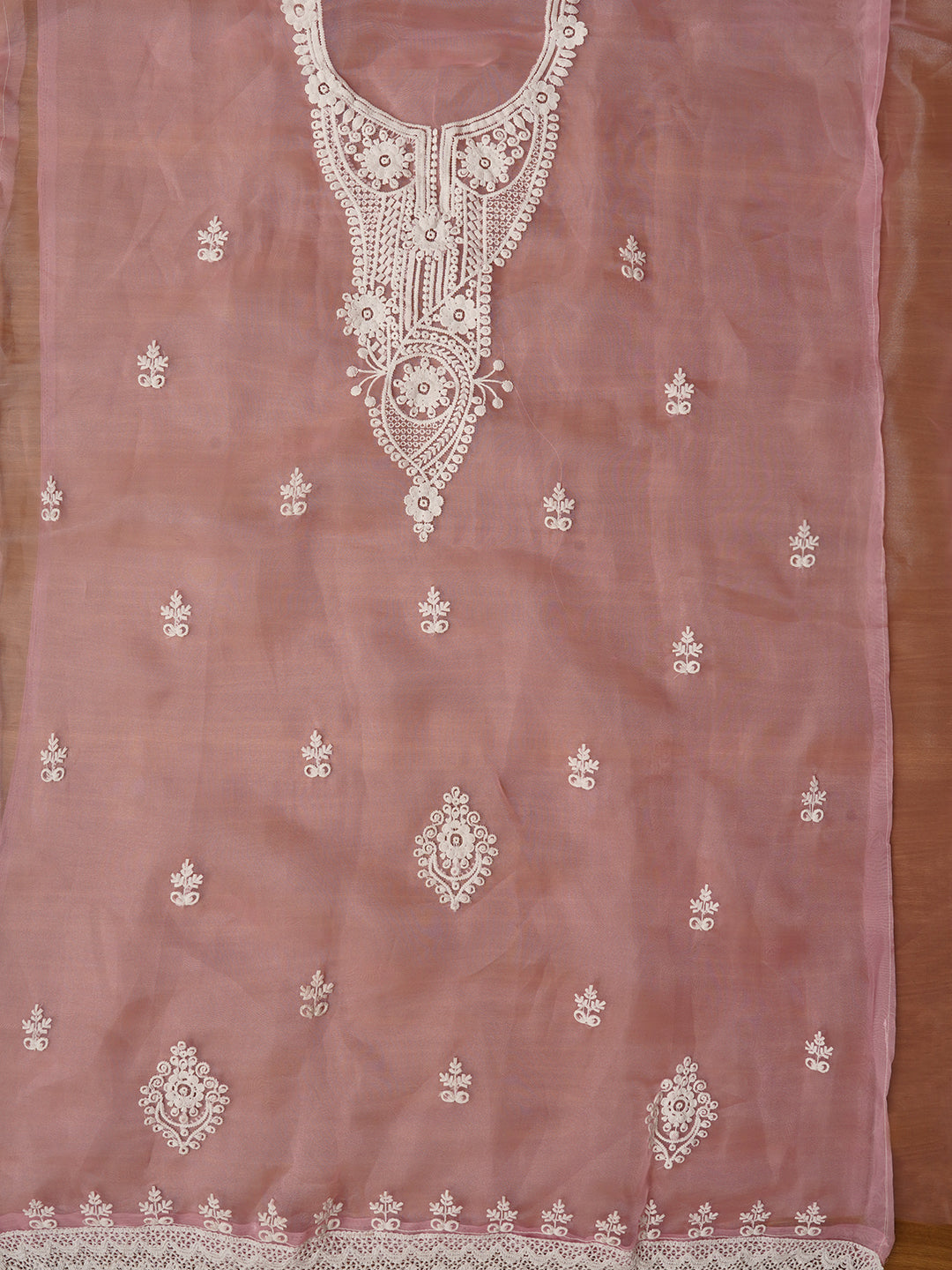 Baby Pink Embroidered Organza Dress Material with Dupatta