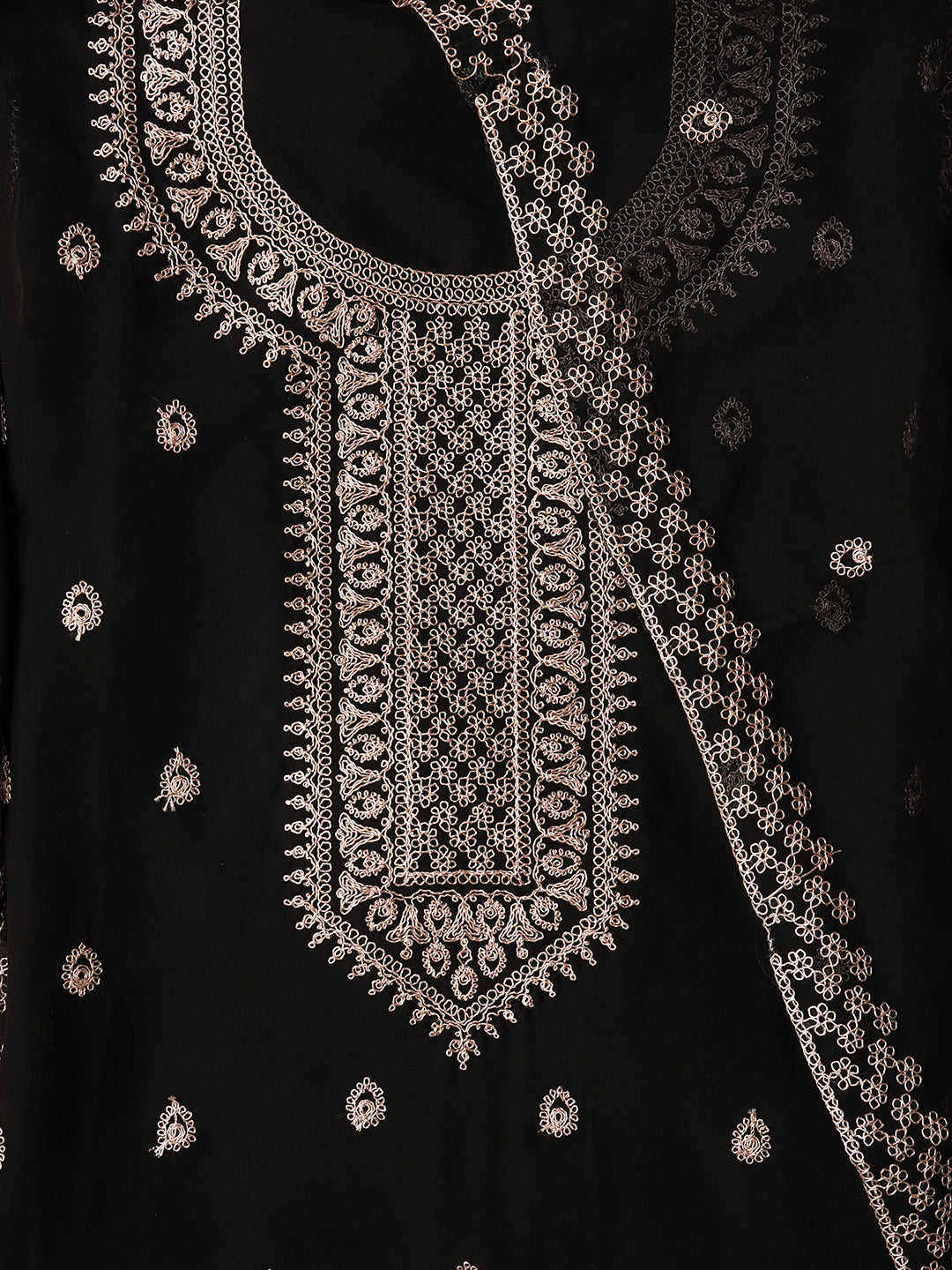 Unstitched Black Embroidered Silk Georgette Dress Material With Dupatta