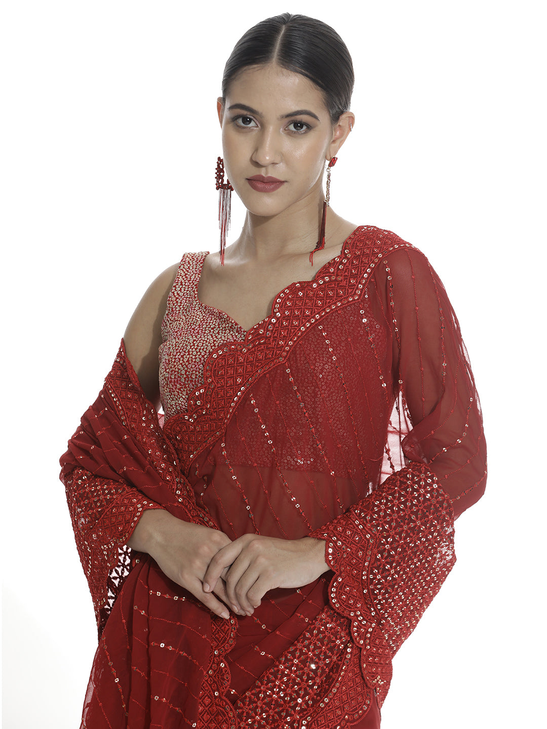 Party Wear Sequin Work Red Georgette Saree