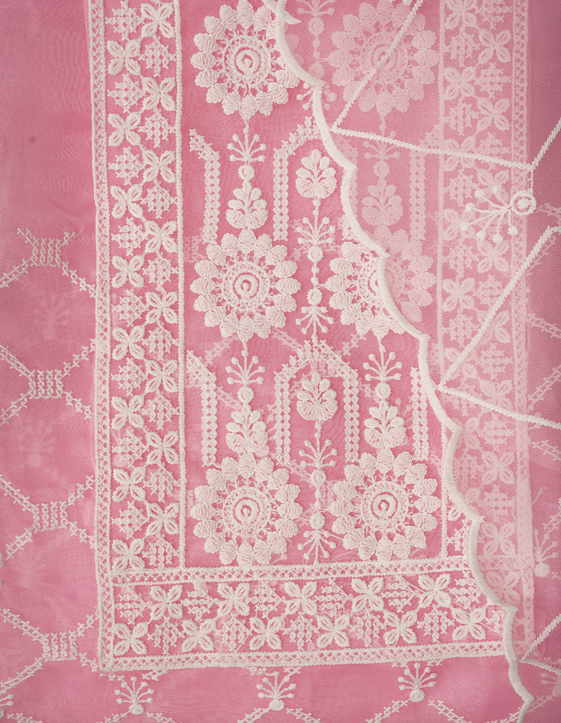 Pink Unstitched Embroidered Organza Dress Material With Dupatta