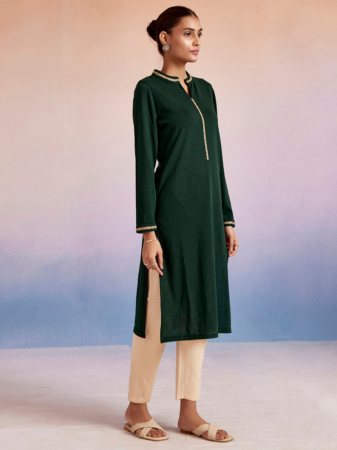 Dark Green Embroidered Straight Woolen Kurta