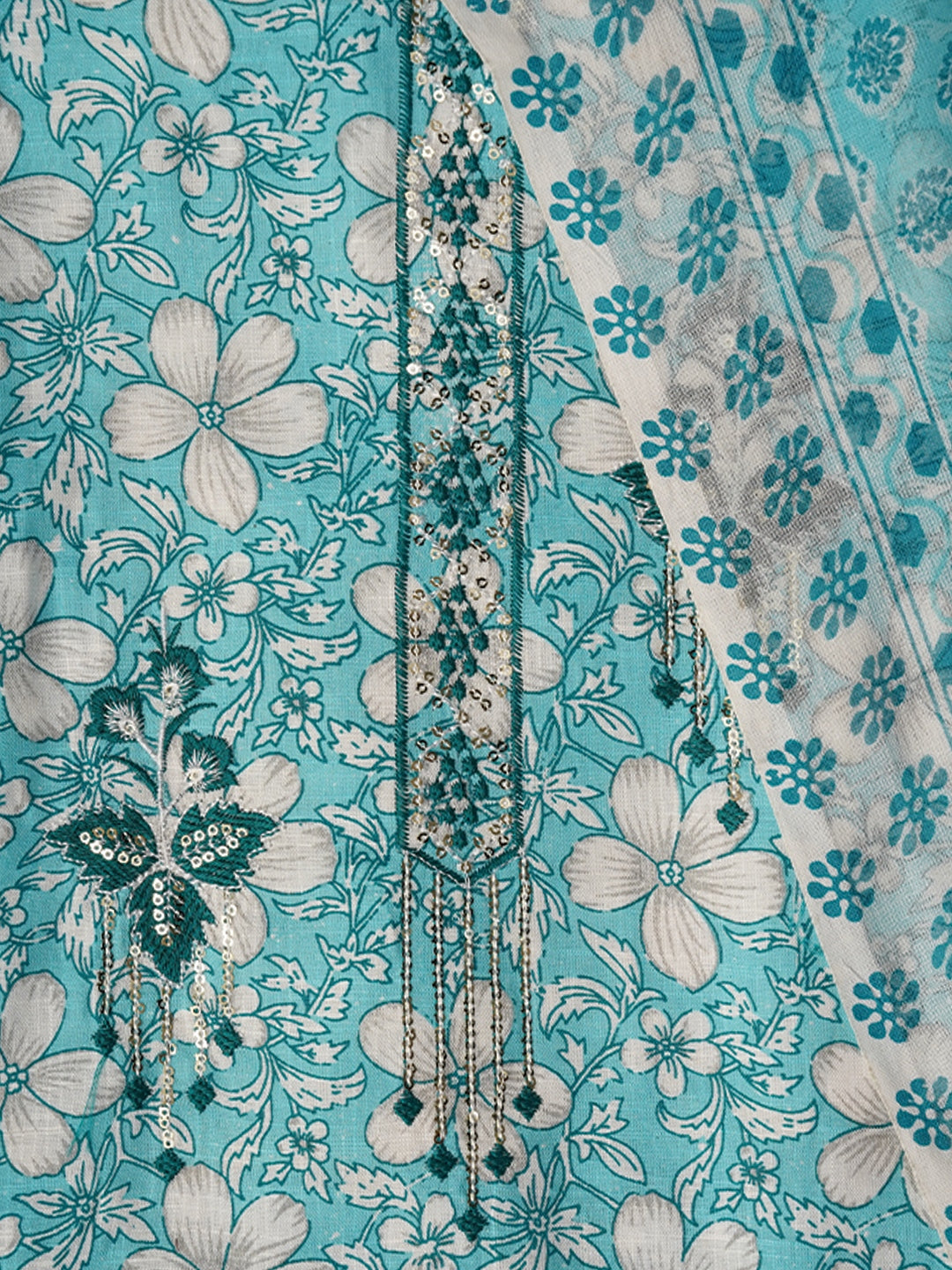 Blue Embellished Floral Printed Pure Cotton Dress Material with Dupatta