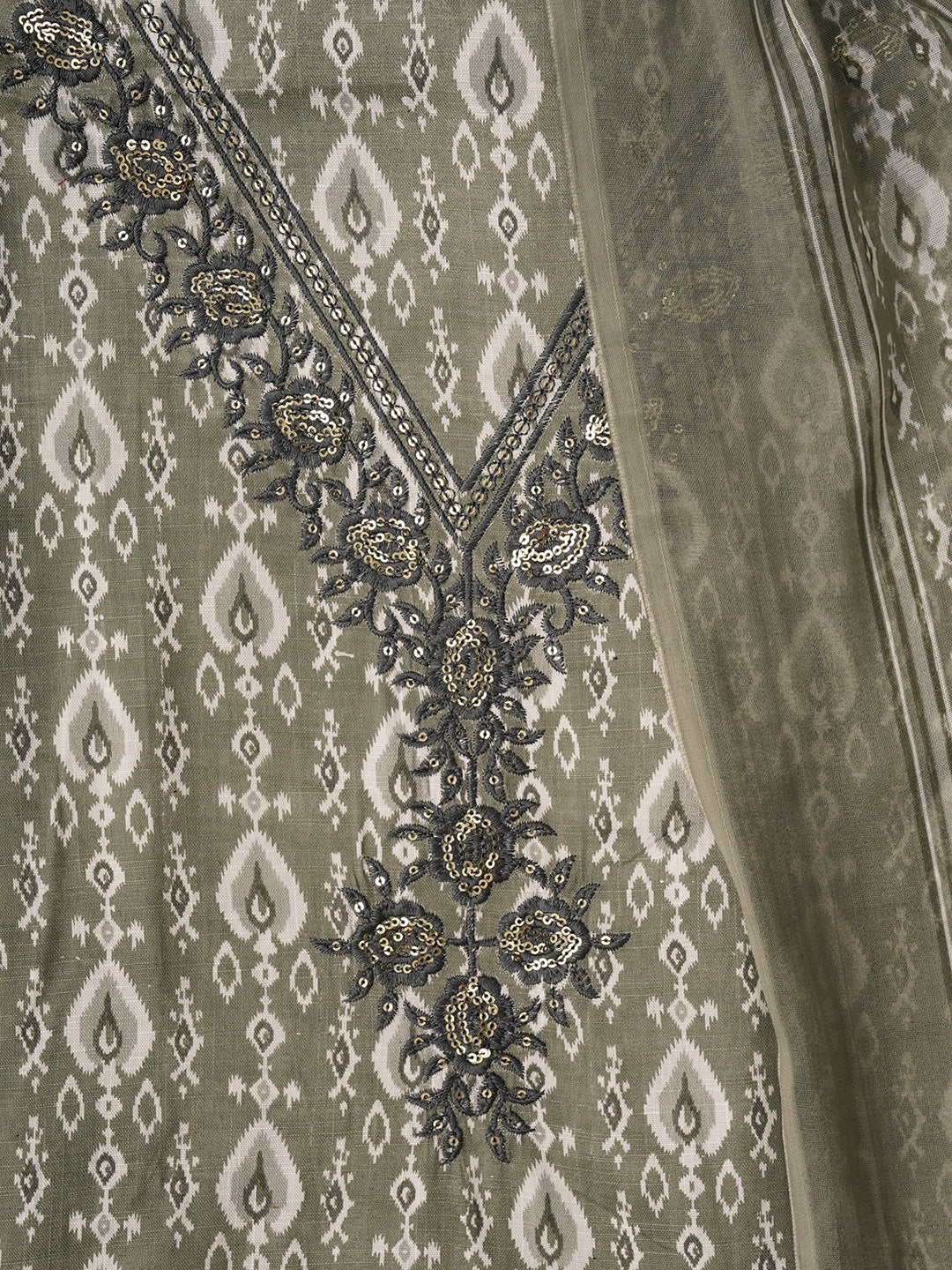 Grey Unstitched Printed Pure Cotton Dress Material With Dupatta