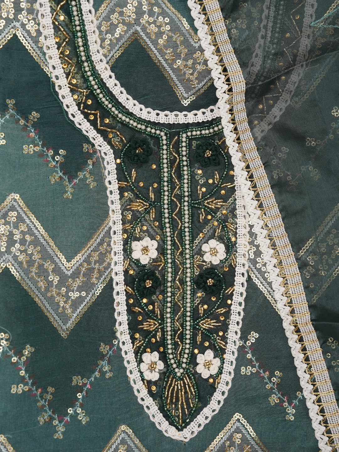 Green Sequin Embroidered Organza Dress Material with Dupatta