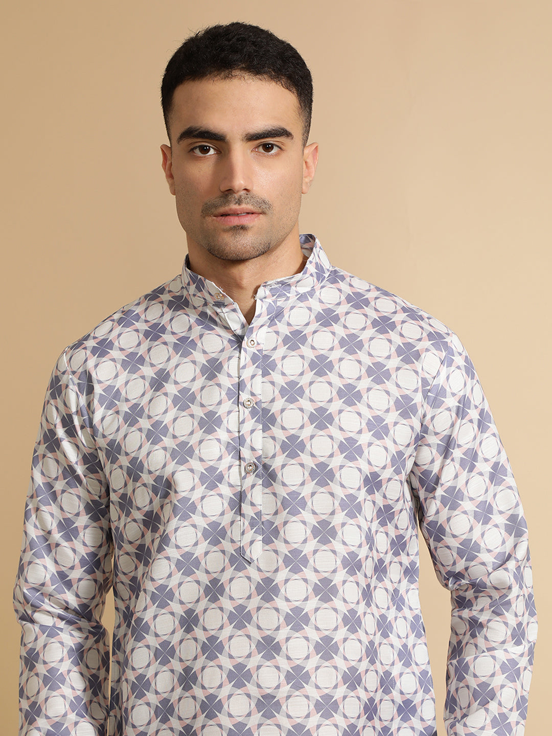 Off White & Blue Floral Printed Cotton Kurta for Men