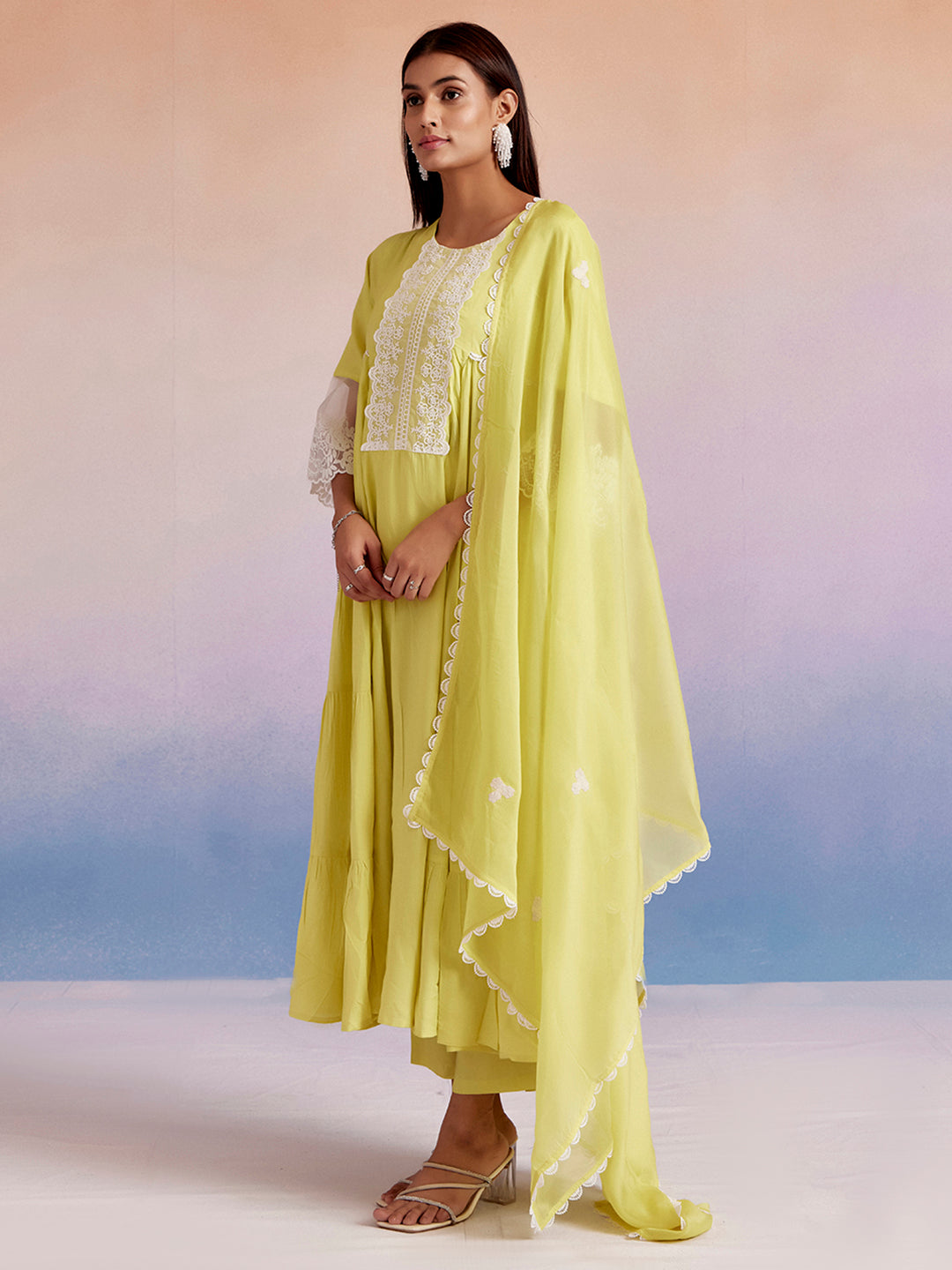 Lime Green Embroidered Tiered Festive Kurta Set With Dupatta