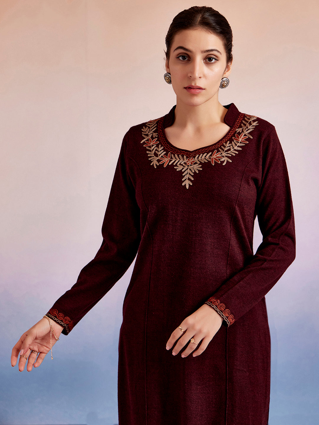 Maroon Embroidered Woolen Straight Kurta