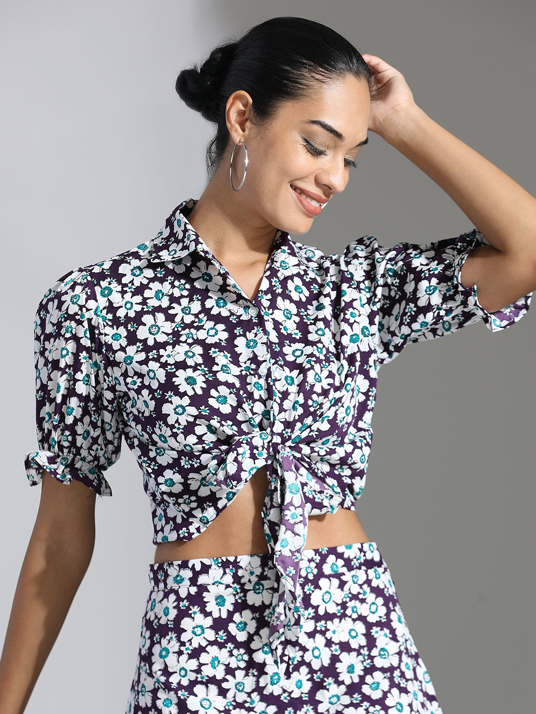 Purple Floral Printed Crop Top With Skirt Co-ord Set