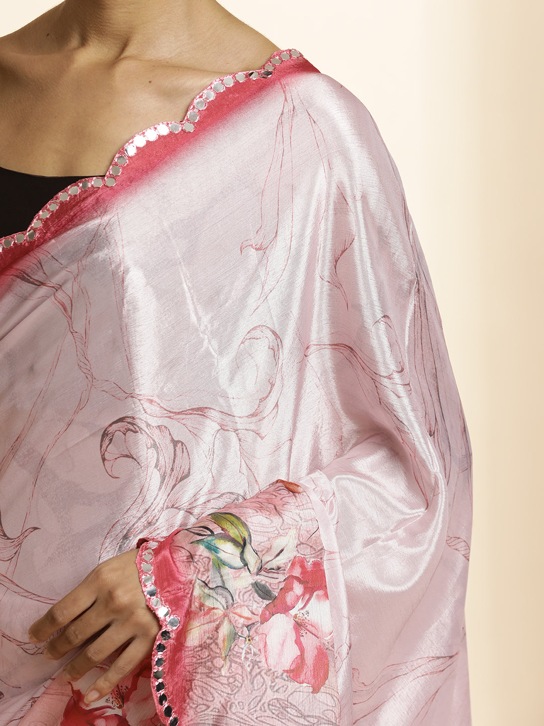 Pink Mirror Work Satin Floral Saree